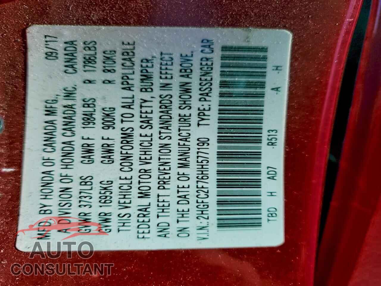 HONDA CIVIC 2017 - 2HGFC2F76HH577190