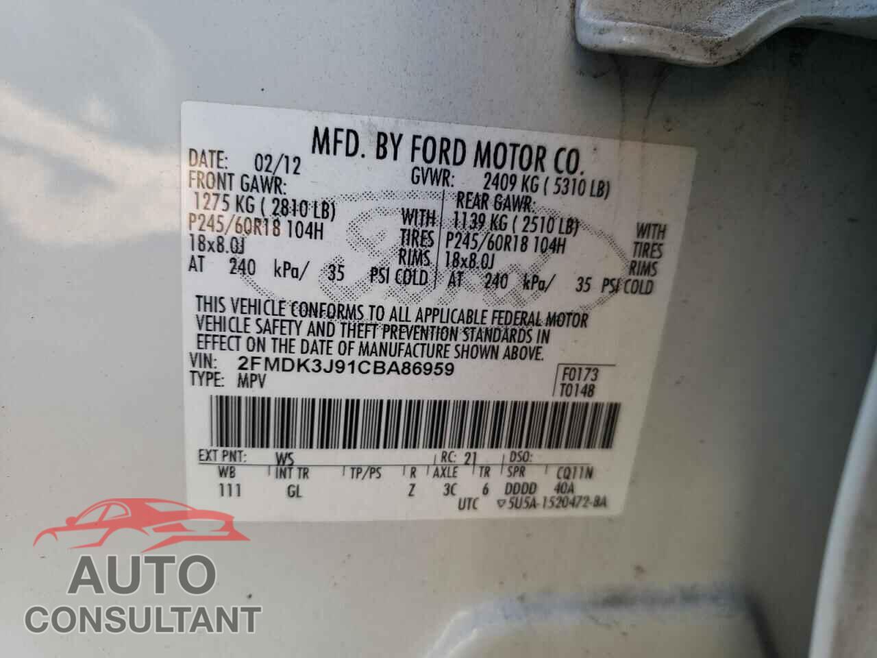 FORD EDGE 2012 - 2FMDK3J91CBA86959