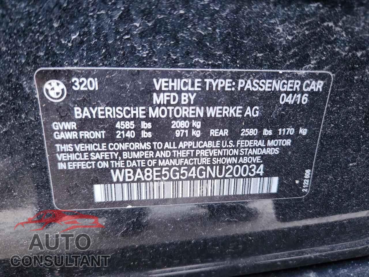 BMW 3 SERIES 2016 - WBA8E5G54GNU20034