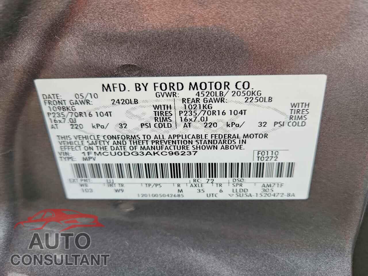 FORD ESCAPE 2010 - 1FMCU0DG3AKC96237