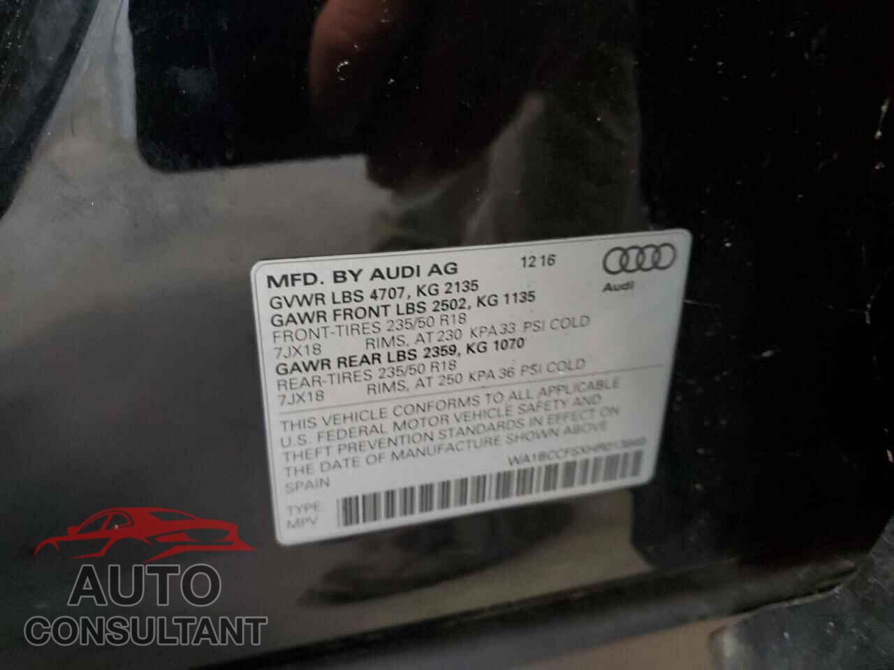 AUDI Q3 2017 - WA1BCCFSXHR013849