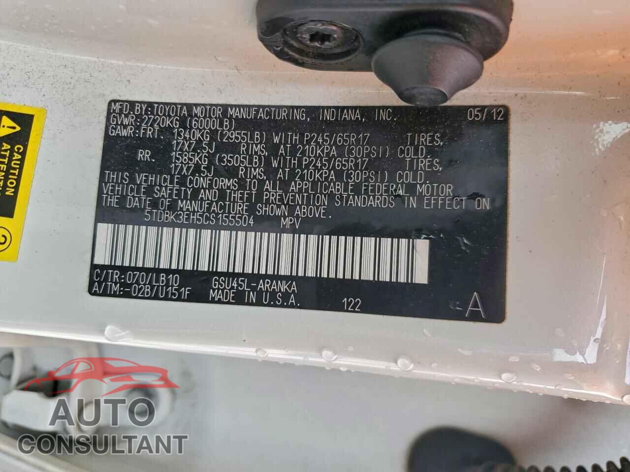 TOYOTA HIGHLANDER 2012 - 5TDBK3EH5CS155504