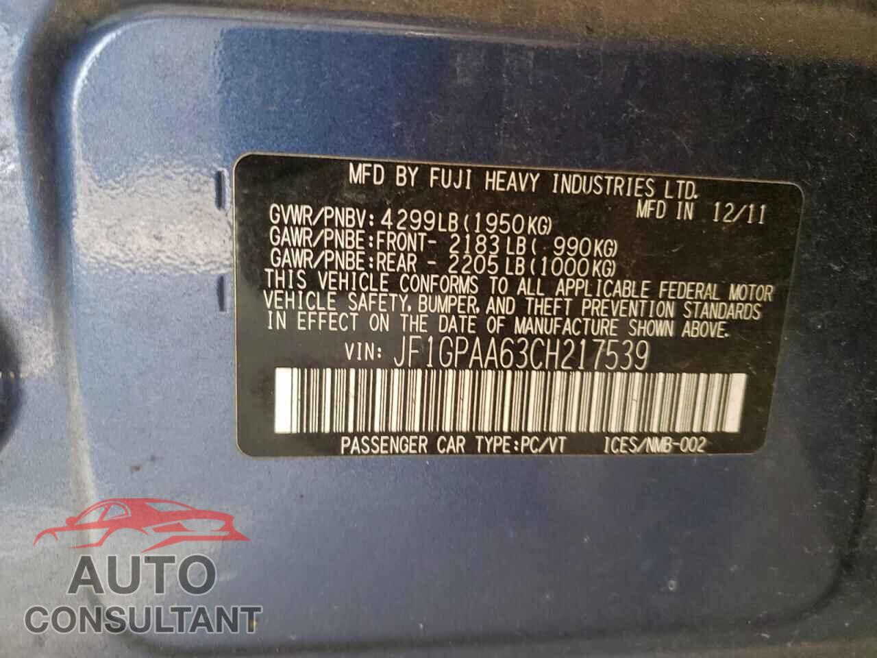 SUBARU IMPREZA 2012 - JF1GPAA63CH217539