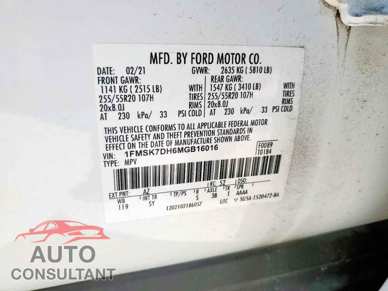 FORD EXPLORER 2021 - 1FMSK7DH6MGB16016