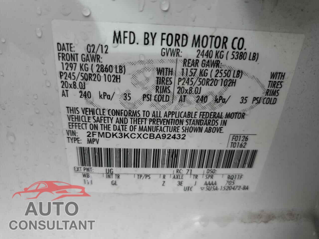 FORD EDGE 2012 - 2FMDK3KCXCBA92432