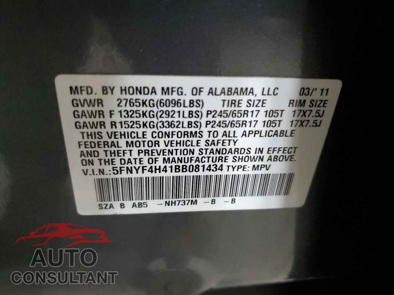 HONDA PILOT 2011 - 5FNYF4H41BB081434