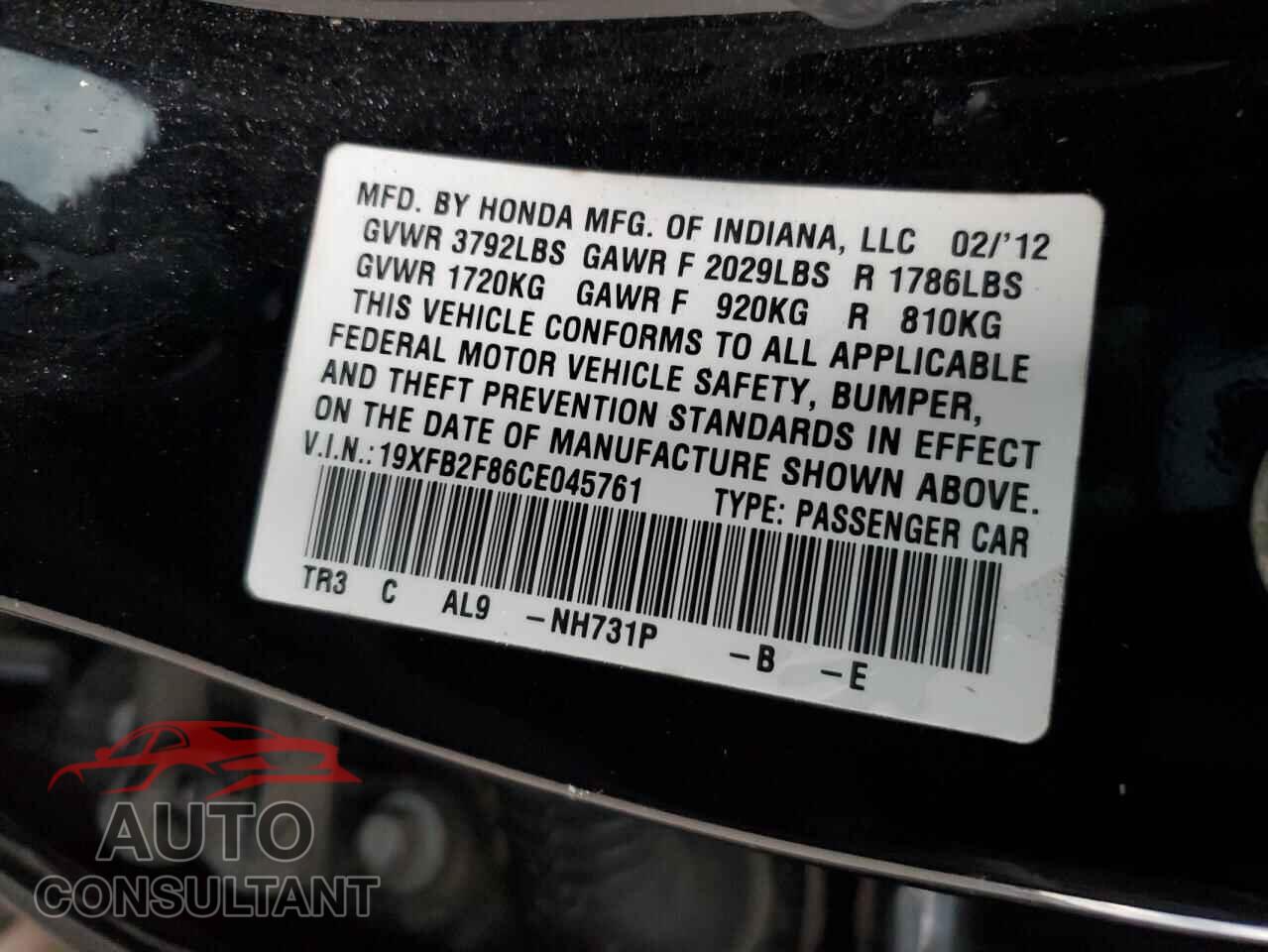 HONDA CIVIC 2012 - 19XFB2F86CE045761