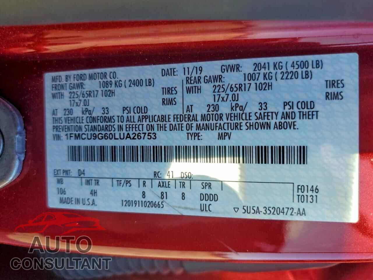 FORD ESCAPE 2020 - 1FMCU9G60LUA26753
