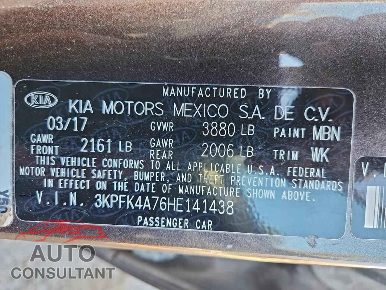 KIA FORTE 2017 - 3KPFK4A76HE141438