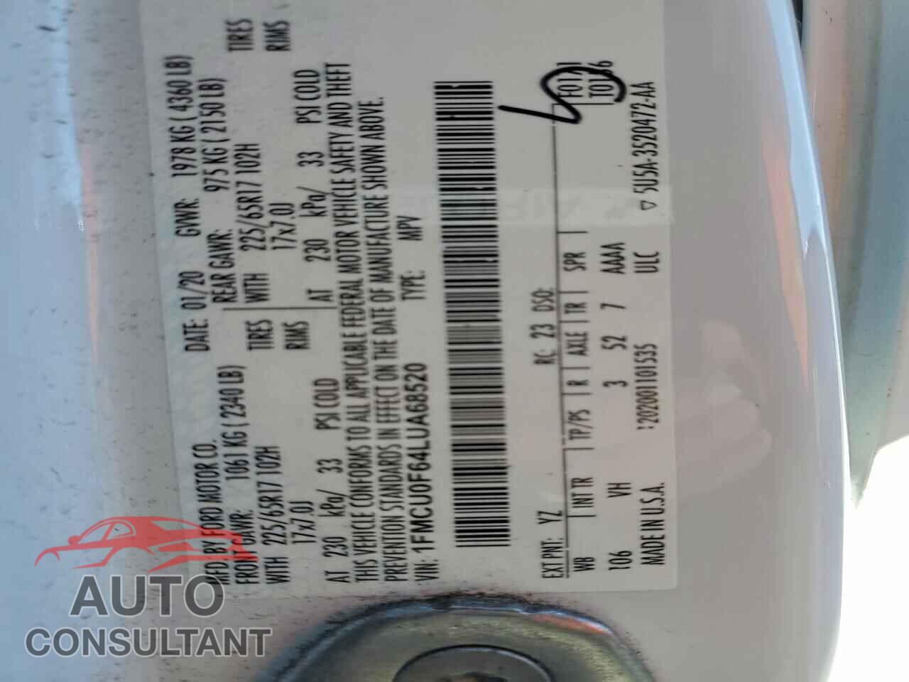 FORD ESCAPE 2020 - 1FMCU0F64LUA68520