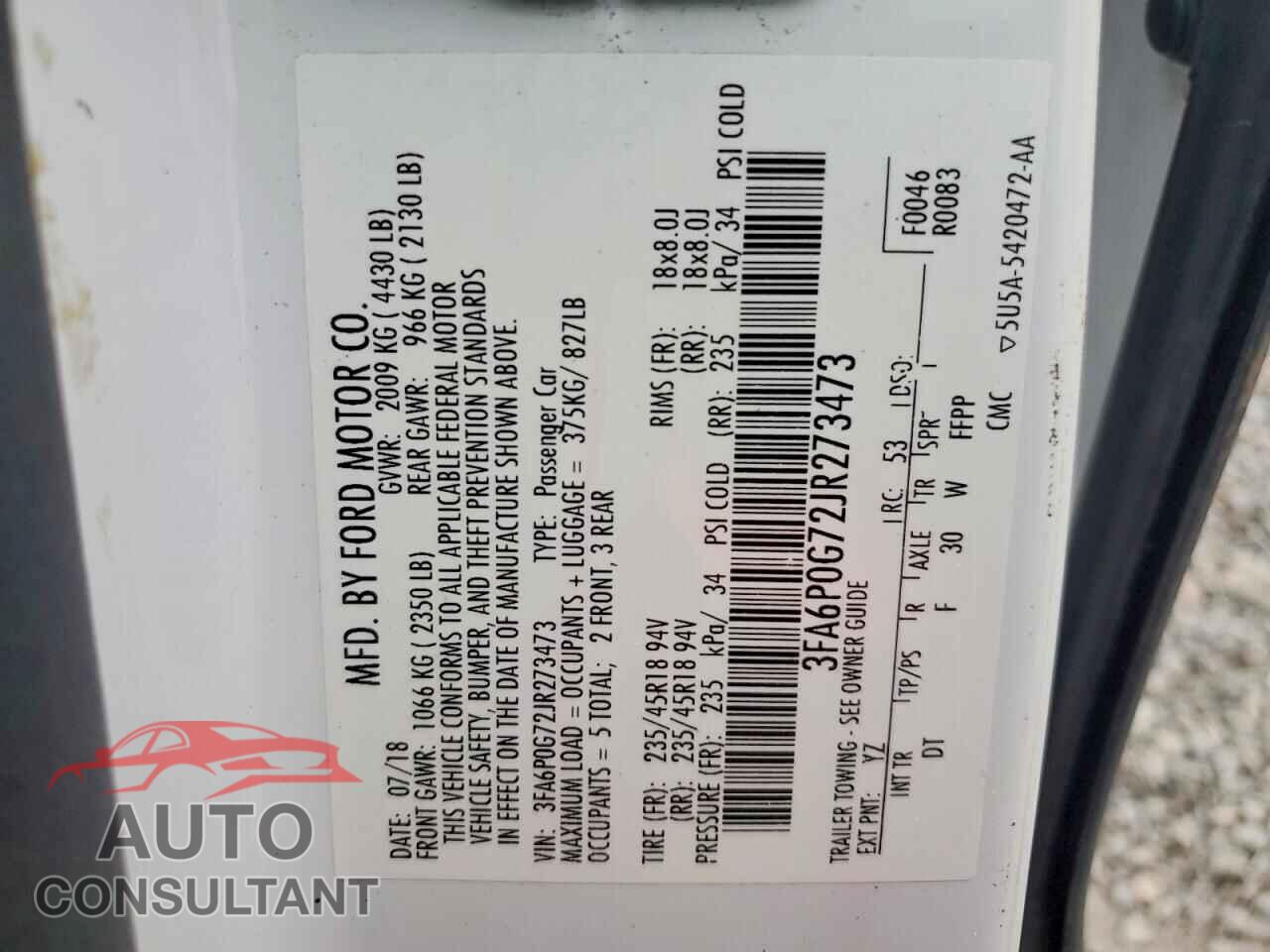 FORD FUSION 2018 - 3FA6P0G72JR273473