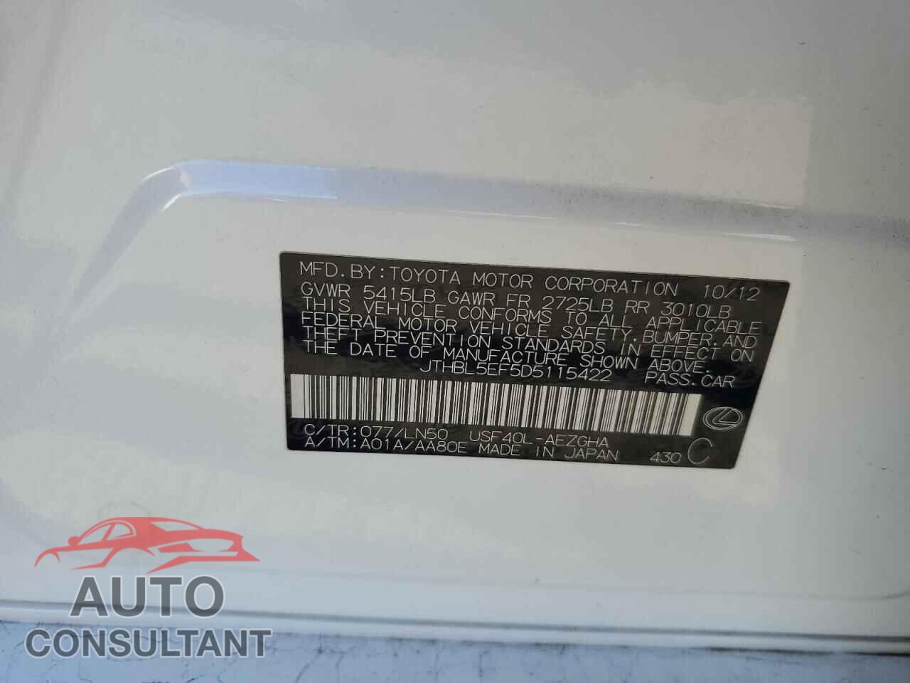 LEXUS LS460 2013 - JTHBL5EF5D5115422