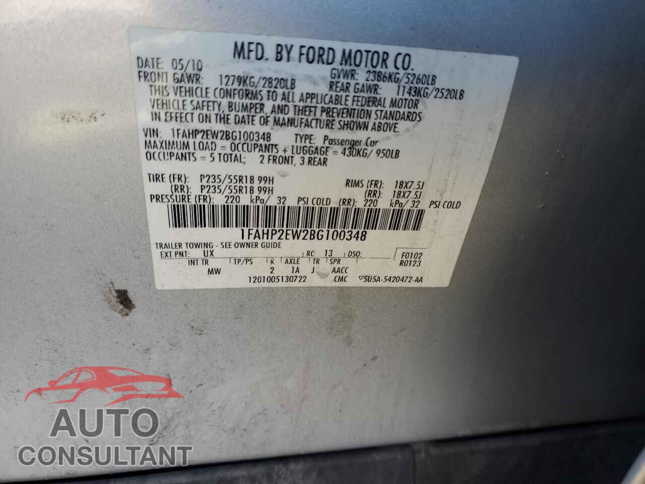 FORD TAURUS 2011 - 1FAHP2EW2BG100348