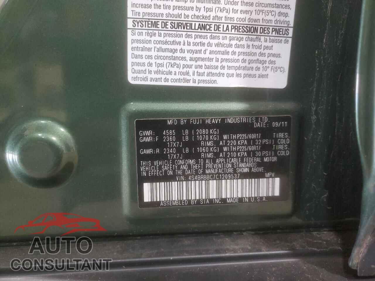 SUBARU OUTBACK 2012 - 4S4BRBBC7C1209537