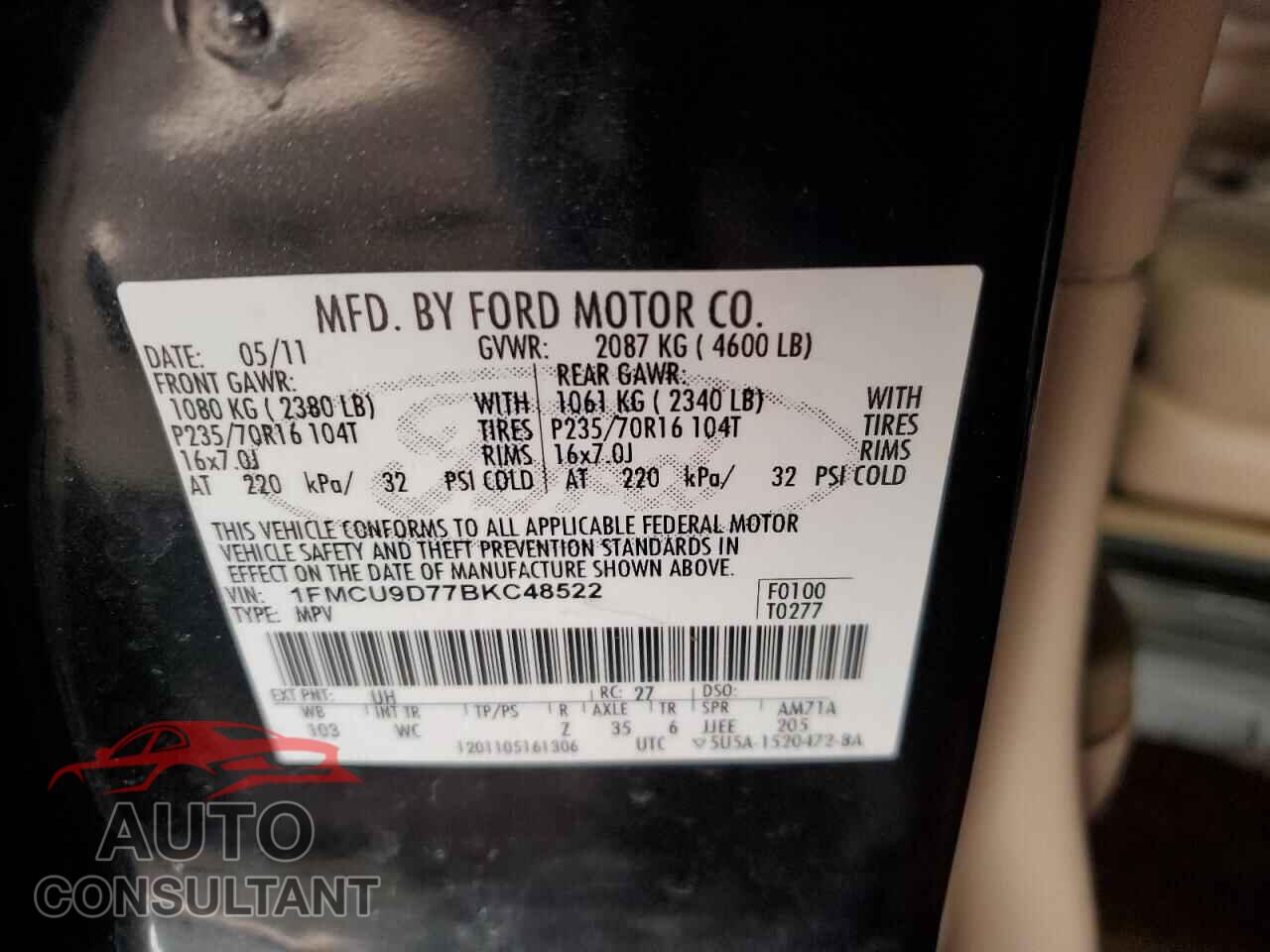 FORD ESCAPE 2011 - 1FMCU9D77BKC48522