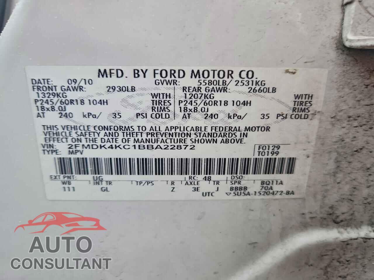 FORD EDGE 2011 - 2FMDK4KC1BBA22872
