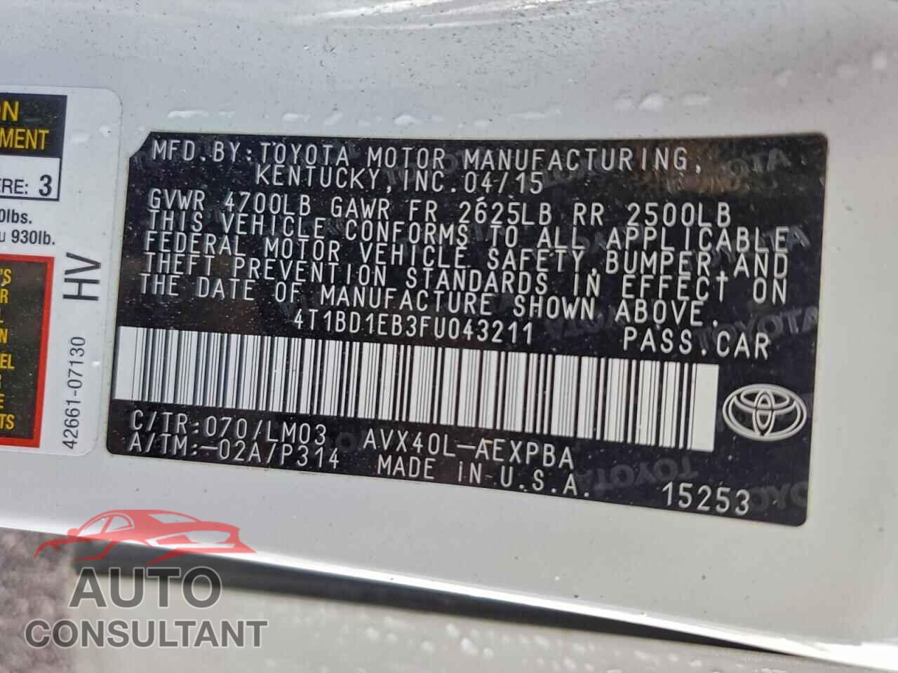 TOYOTA AVALON 2015 - 4T1BD1EB3FU043211