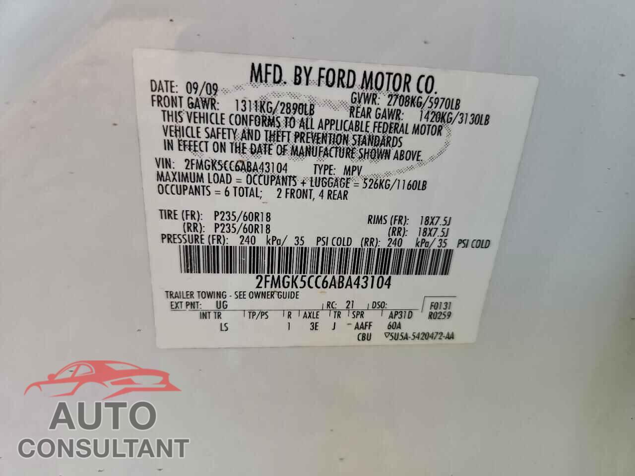 FORD FLEX 2010 - 2FMGK5CC6ABA43104