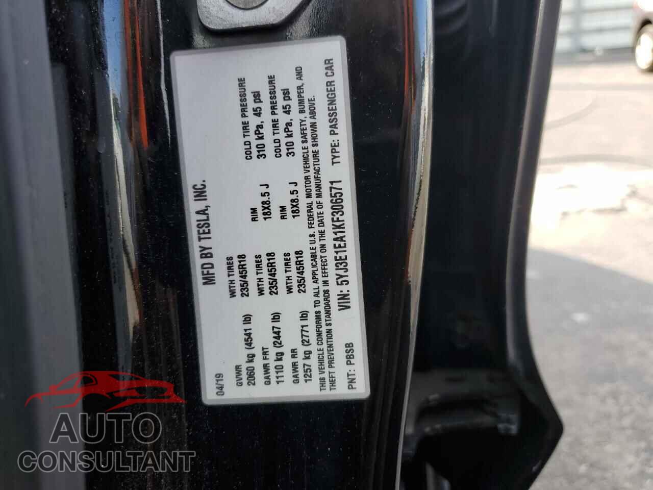TESLA MODEL 3 2019 - 5YJ3E1EA1KF306571