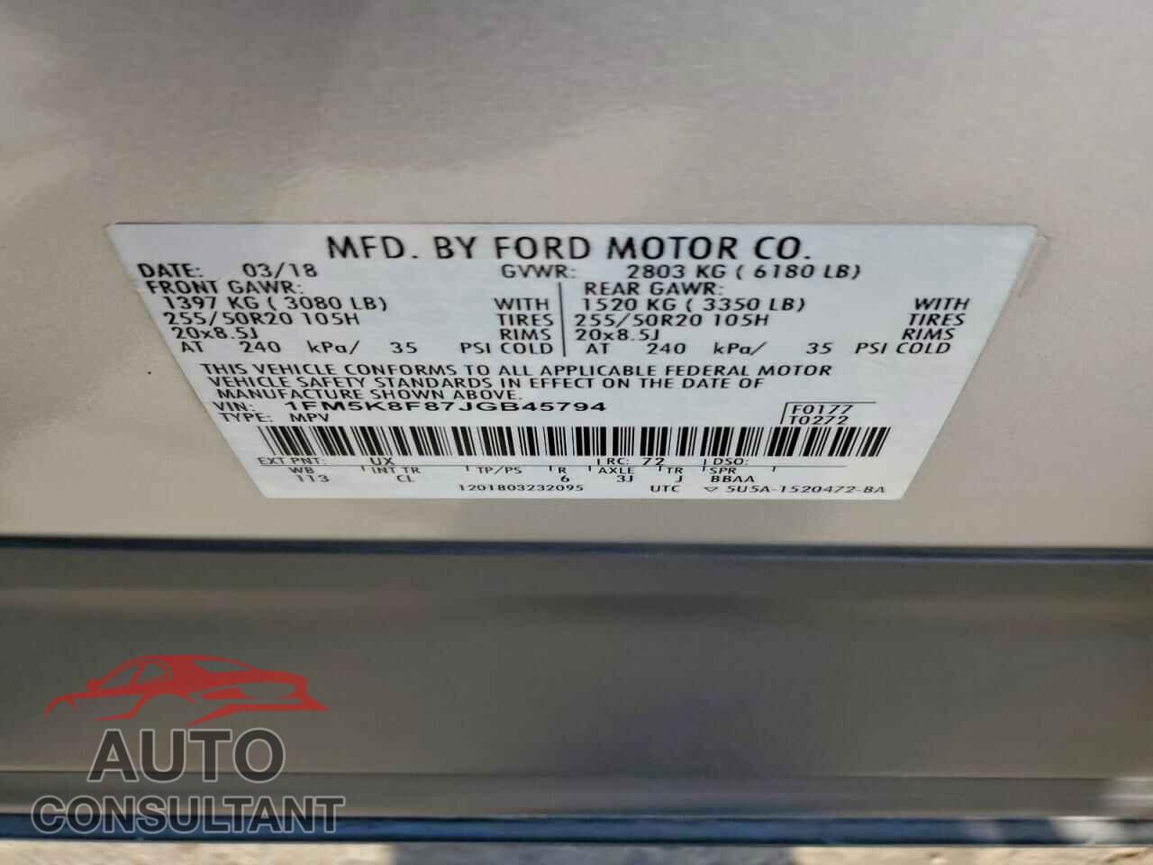 FORD EXPLORER 2018 - 1FM5K8F87JGB45794
