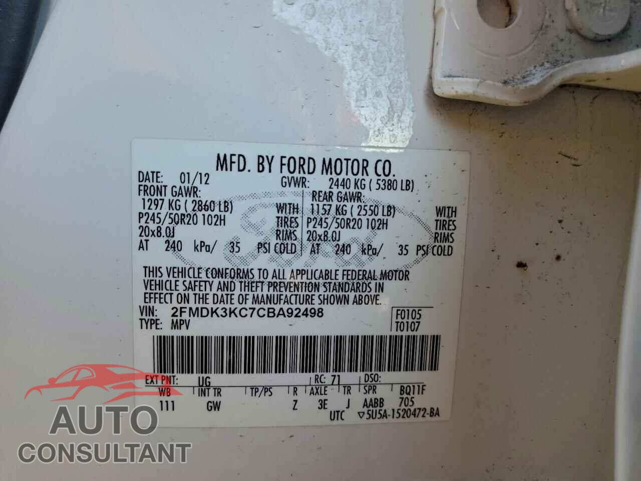 FORD EDGE 2012 - 2FMDK3KC7CBA92498