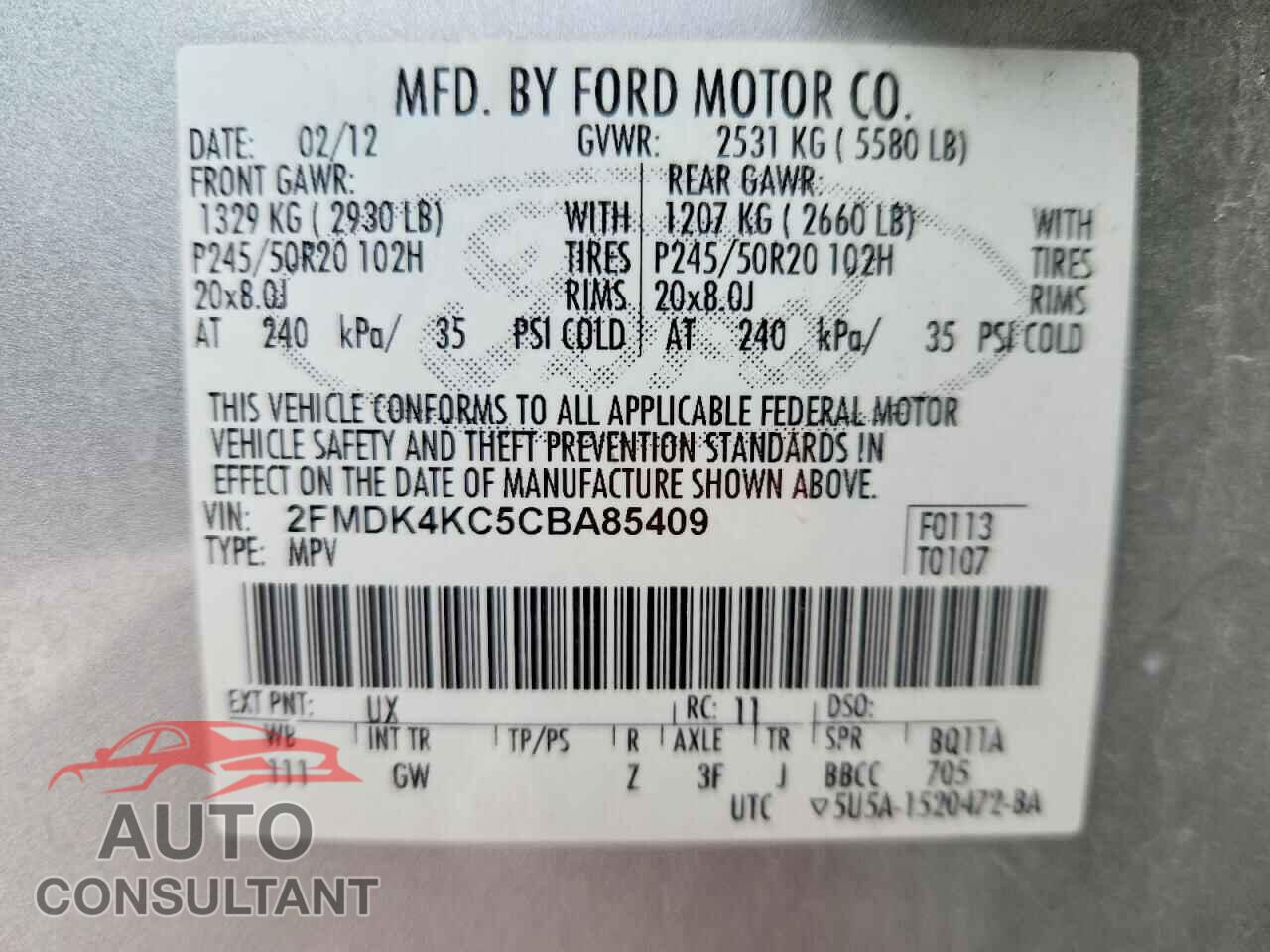 FORD EDGE 2012 - 2FMDK4KC5CBA85409