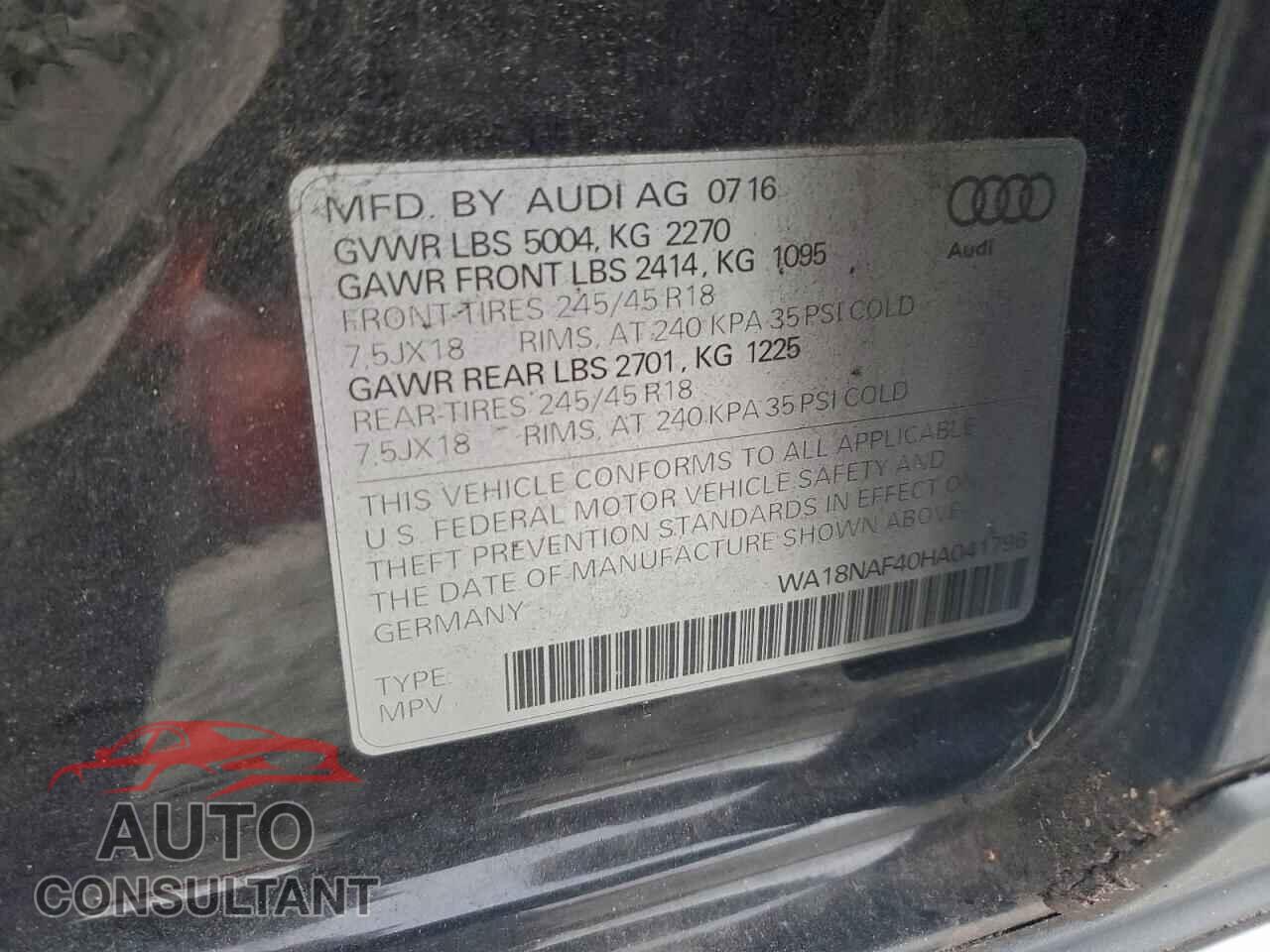 AUDI A4 2017 - WA18NAF40HA041796