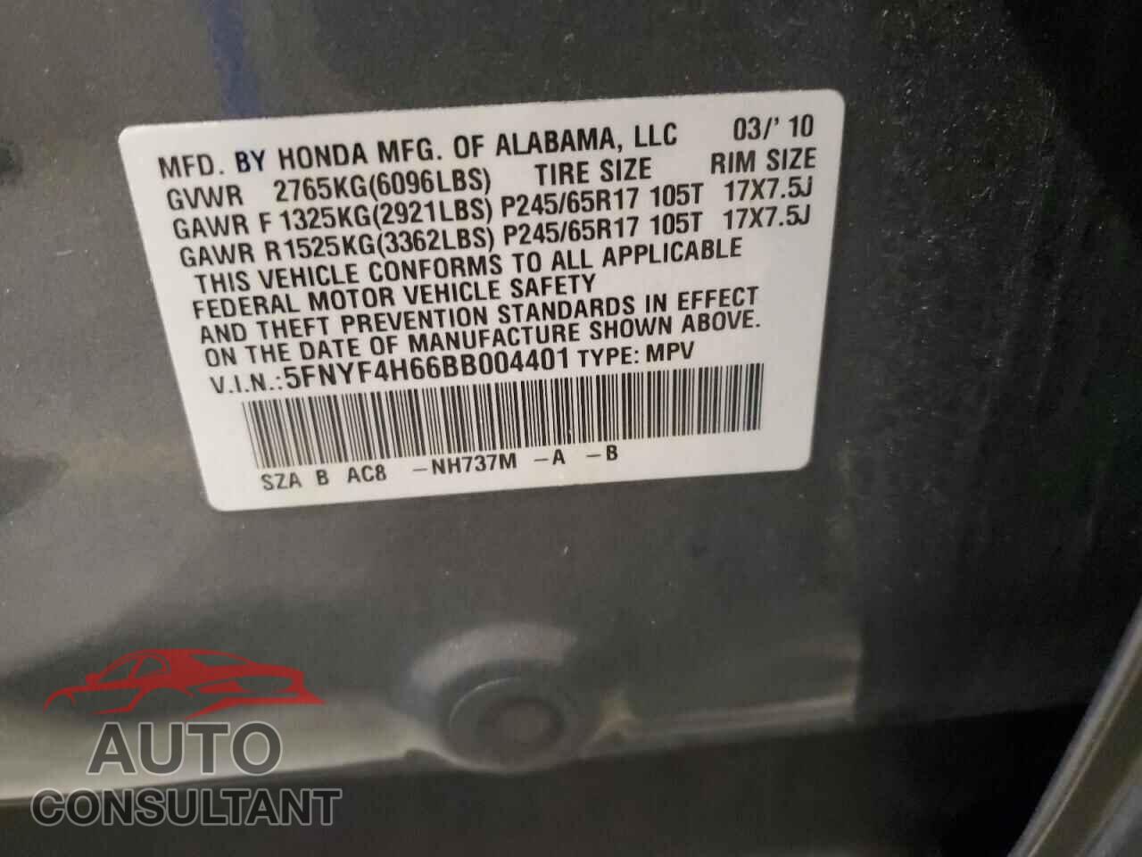 HONDA PILOT 2011 - 5FNYF4H66BB004401
