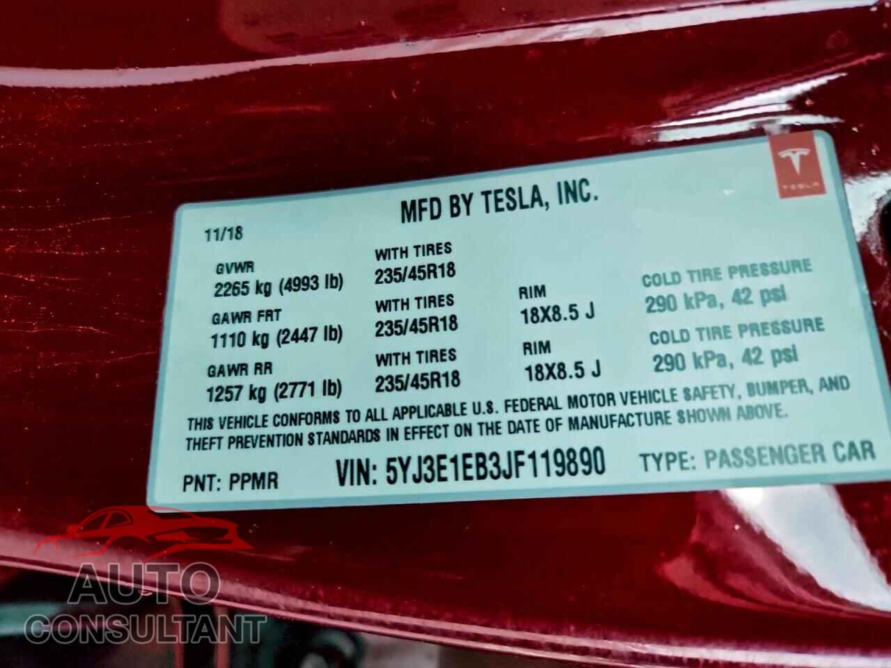 TESLA MODEL 3 2018 - 5YJ3E1EB3JF119890