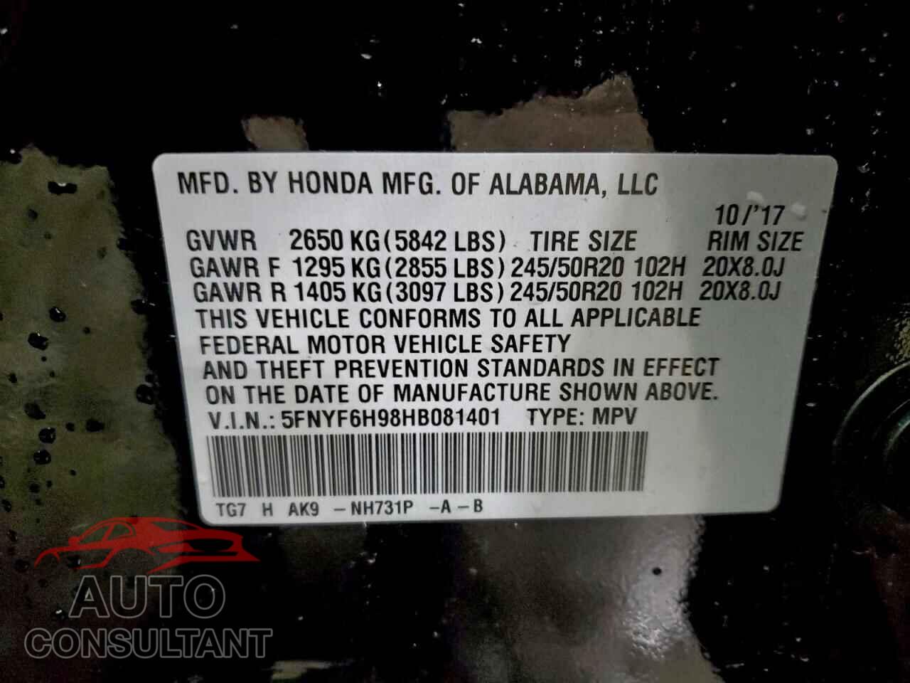 HONDA PILOT 2017 - 5FNYF6H98HB081401