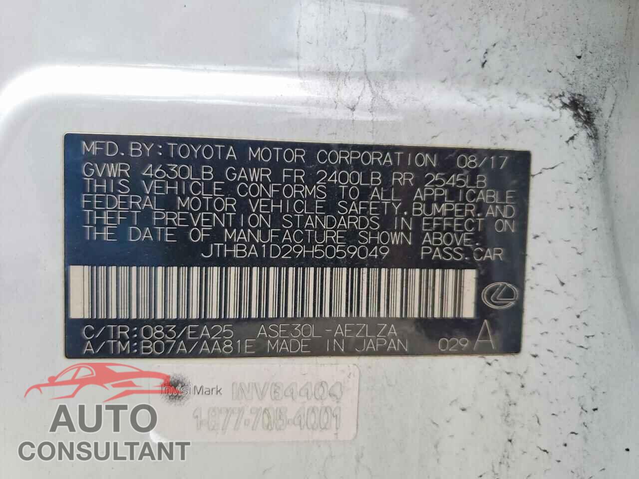 LEXUS IS 2017 - JTHBA1D29H5059049