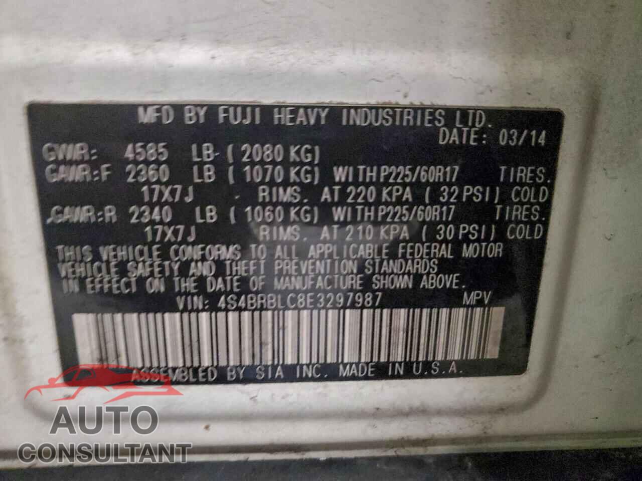 SUBARU OUTBACK 2014 - 4S4BRBLC8E3297987