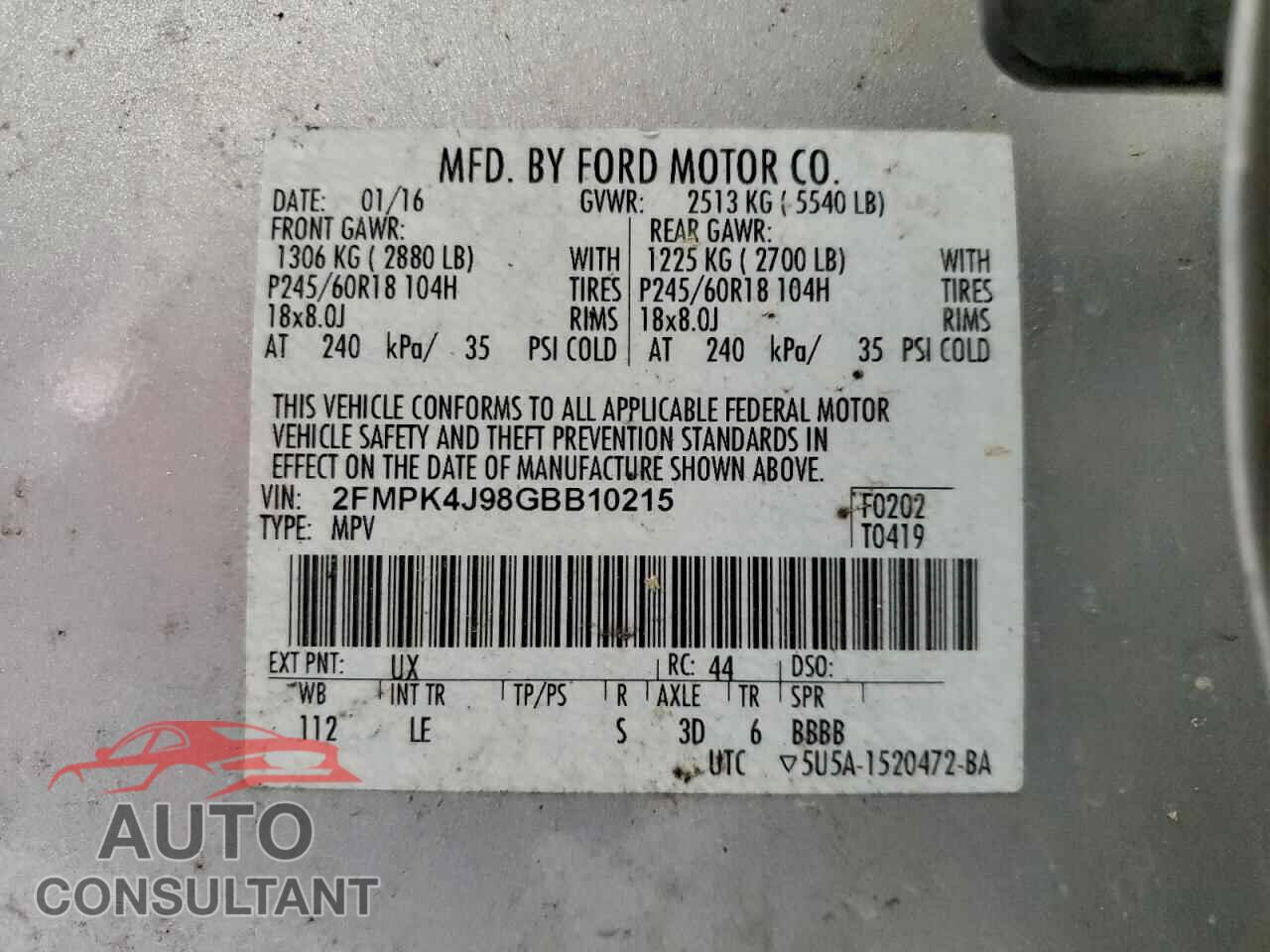 FORD EDGE 2016 - 2FMPK4J98GBB10215