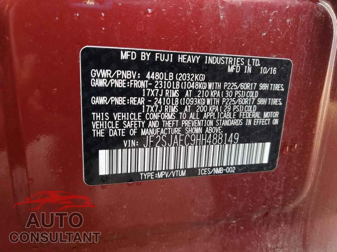 SUBARU FORESTER 2017 - JF2SJAEC9HH488149