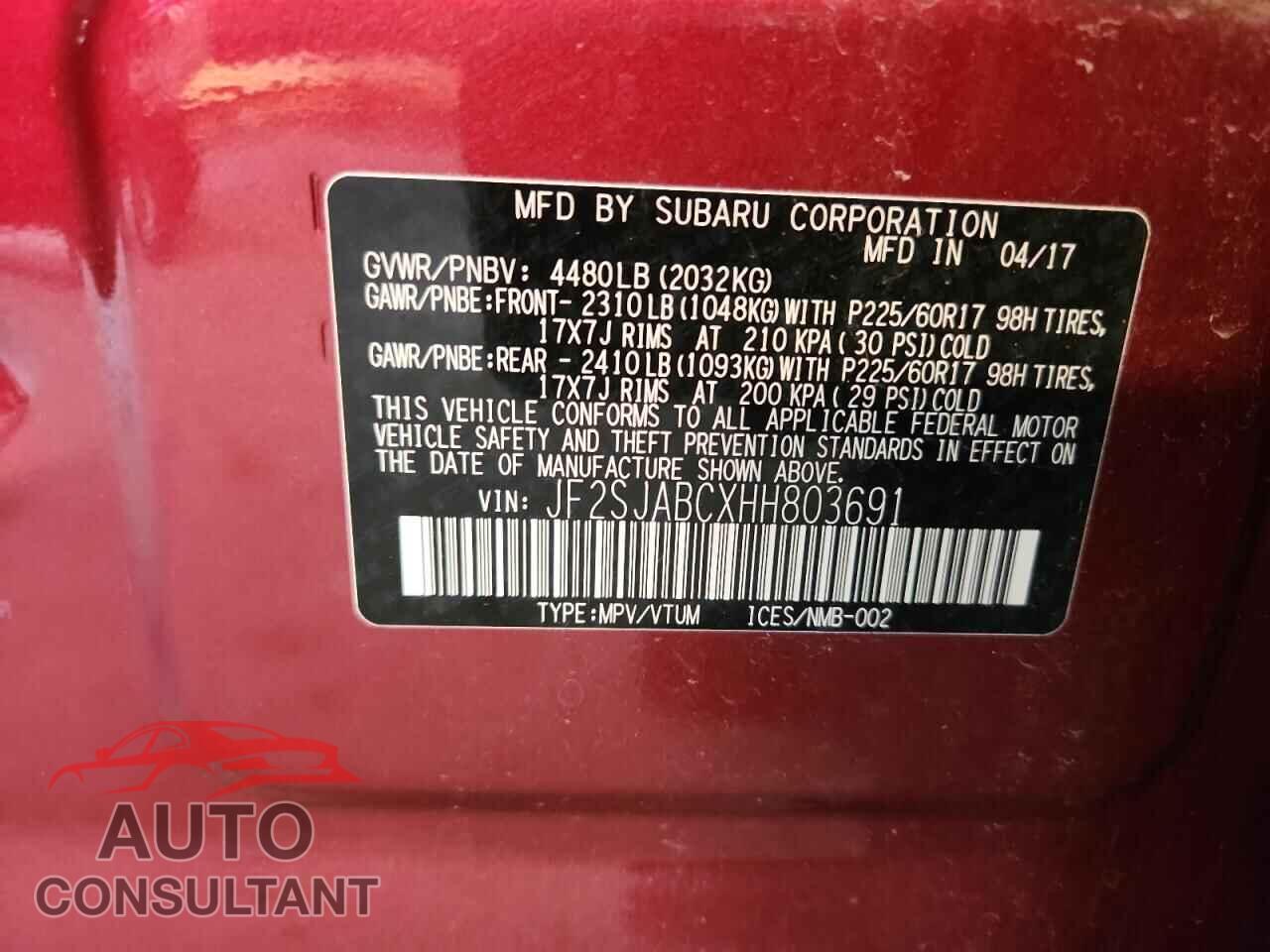 SUBARU FORESTER 2017 - JF2SJABCXHH803691