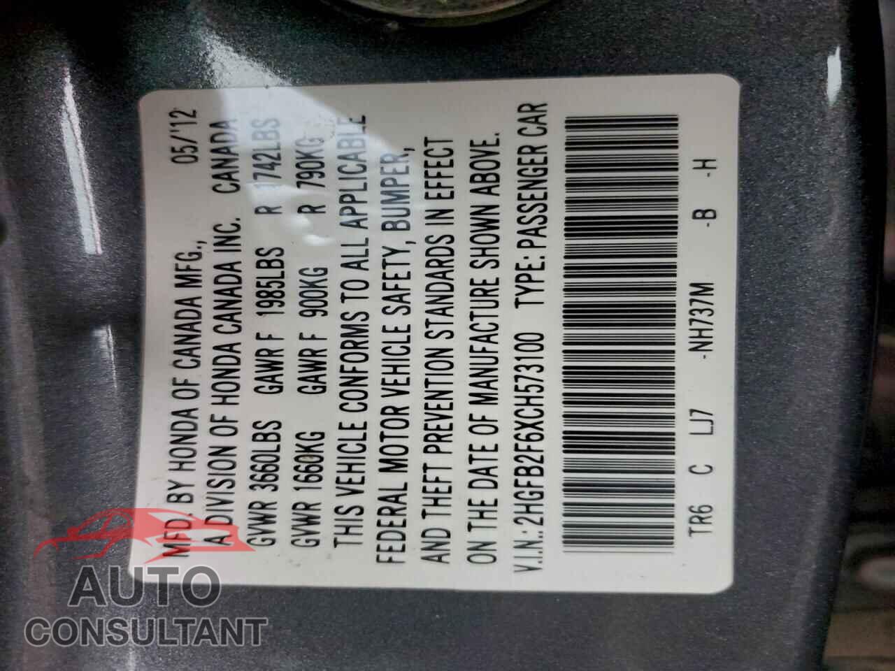 HONDA CIVIC 2012 - 2HGFB2F6XCH573100