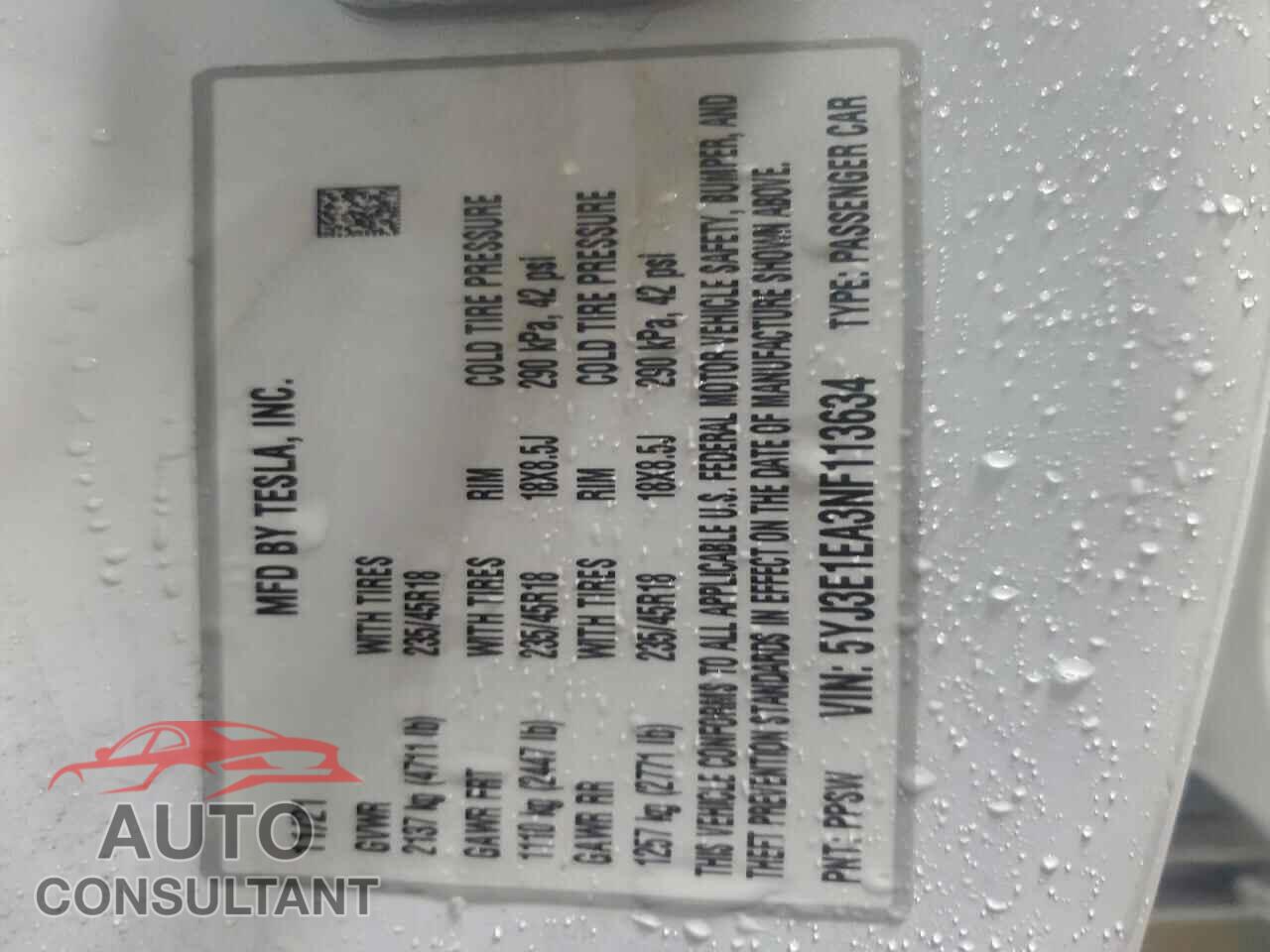 TESLA MODEL 3 2022 - 5YJ3E1EA3NF113634