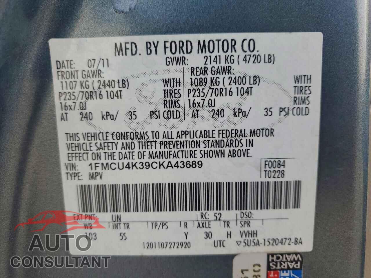 FORD ESCAPE 2012 - 1FMCU4K39CKA43689