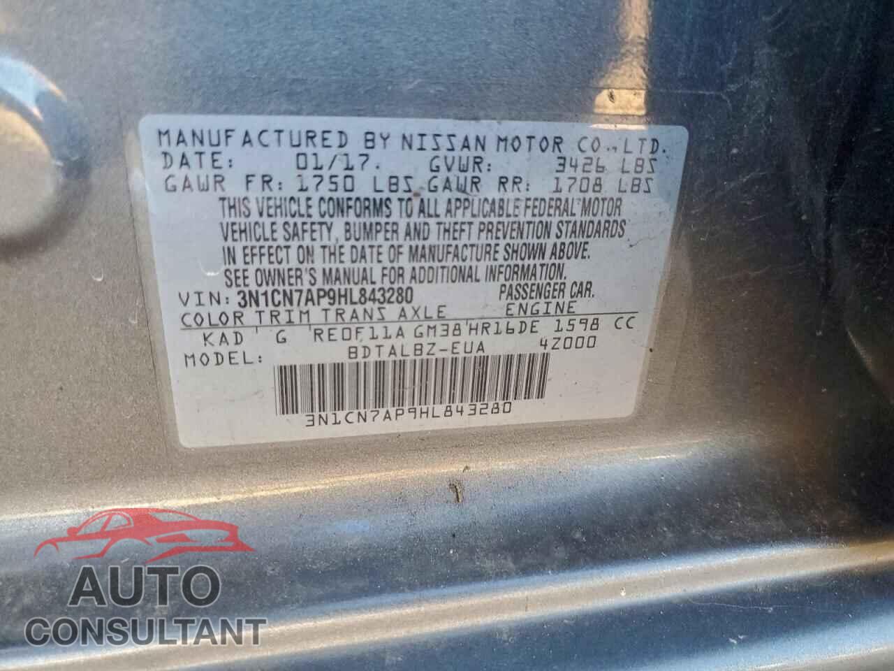 NISSAN VERSA 2017 - 3N1CN7AP9HL843280