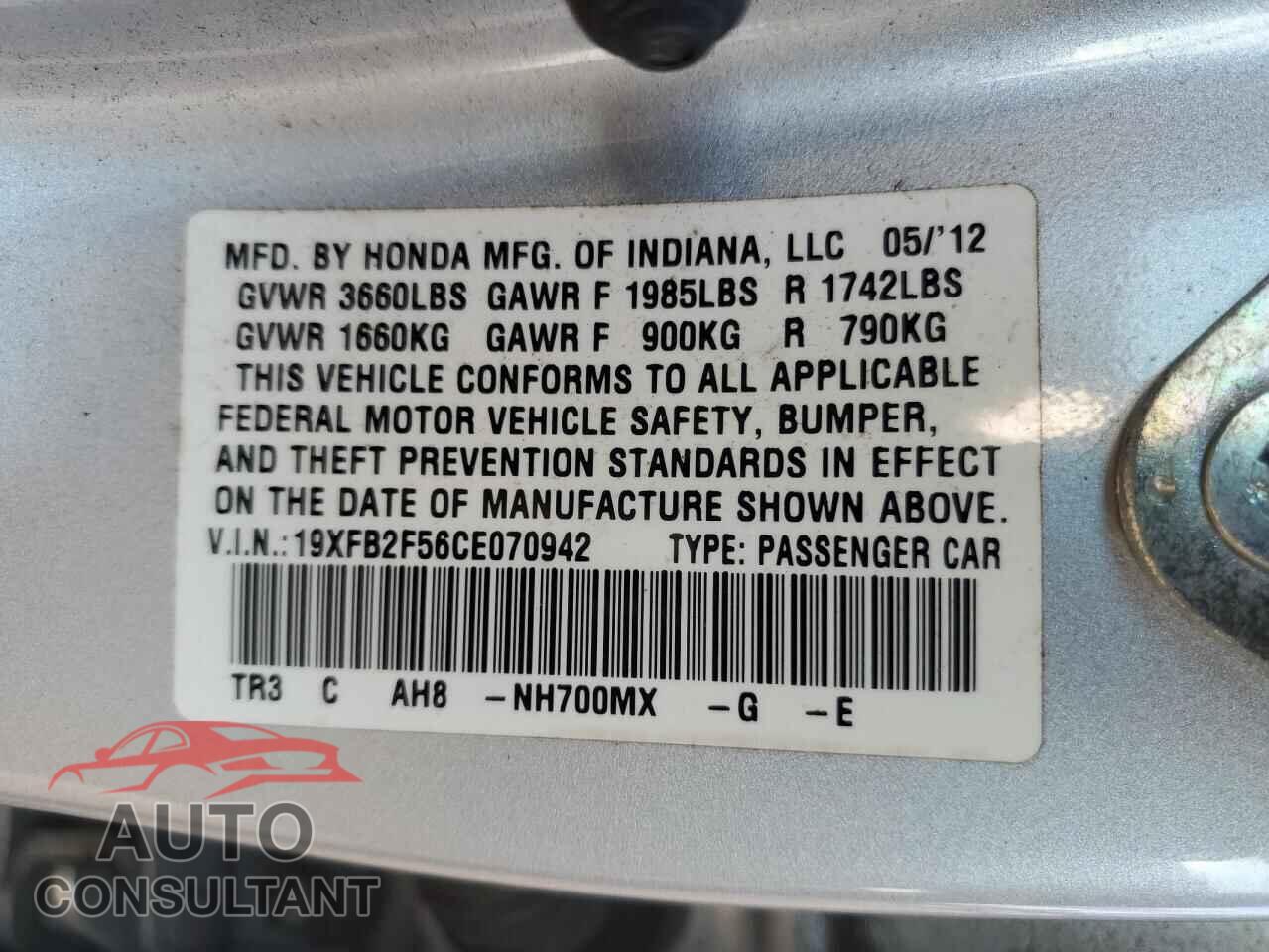 HONDA CIVIC 2012 - 19XFB2F56CE070942
