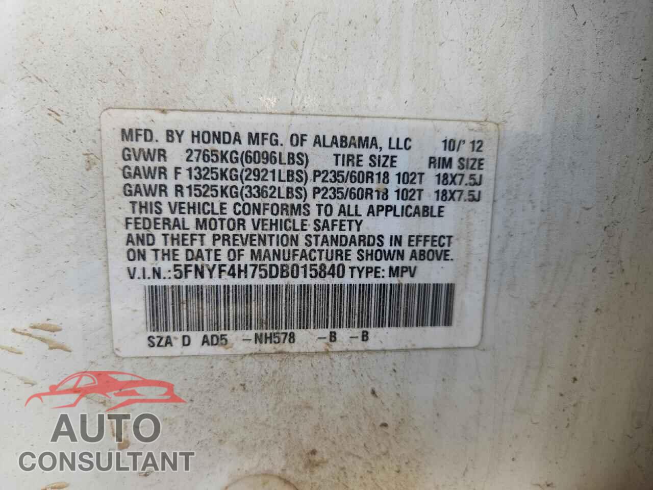 HONDA PILOT 2013 - 5FNYF4H75DB015840