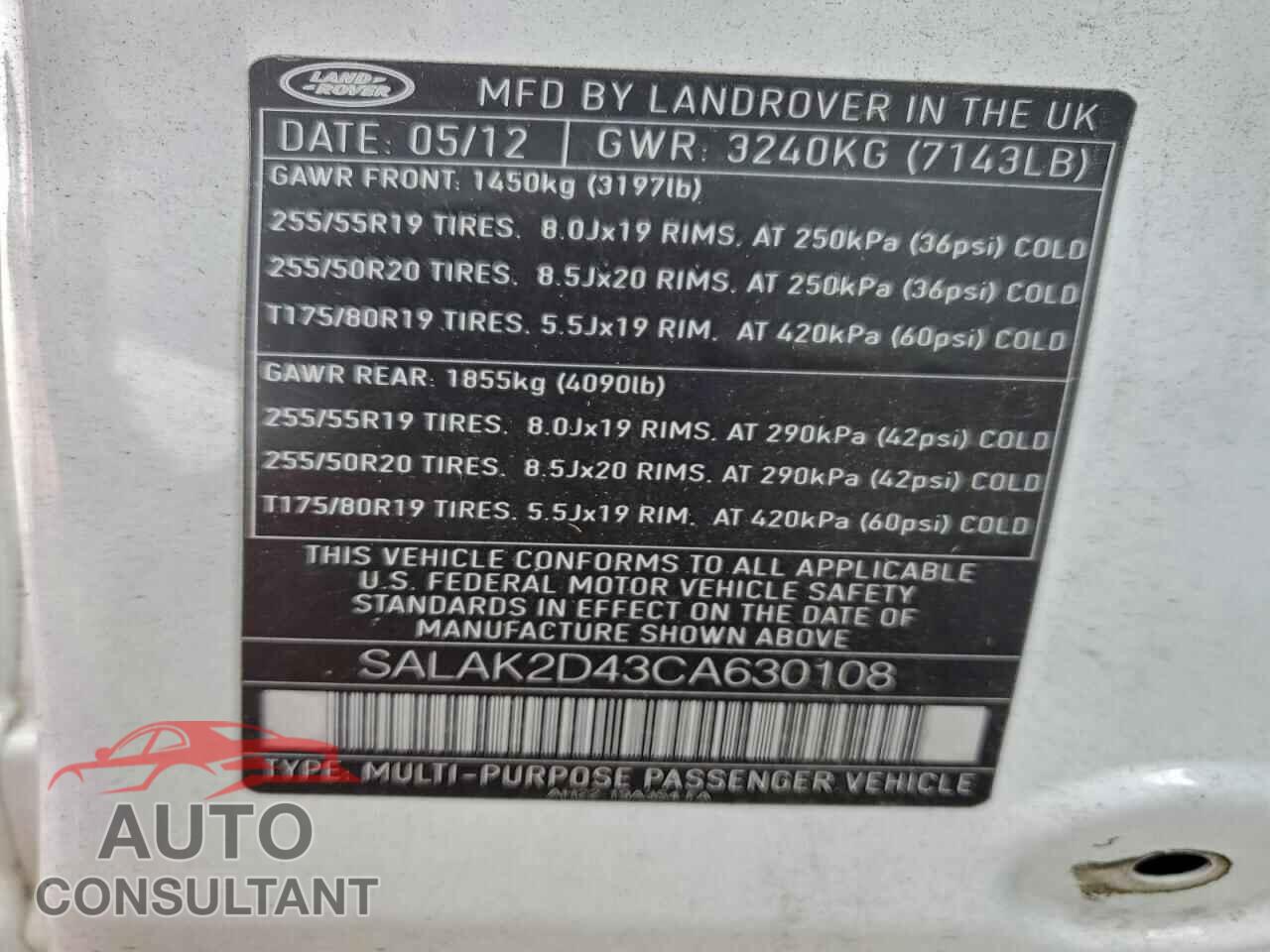 LAND ROVER LR4 2012 - SALAK2D43CA630108