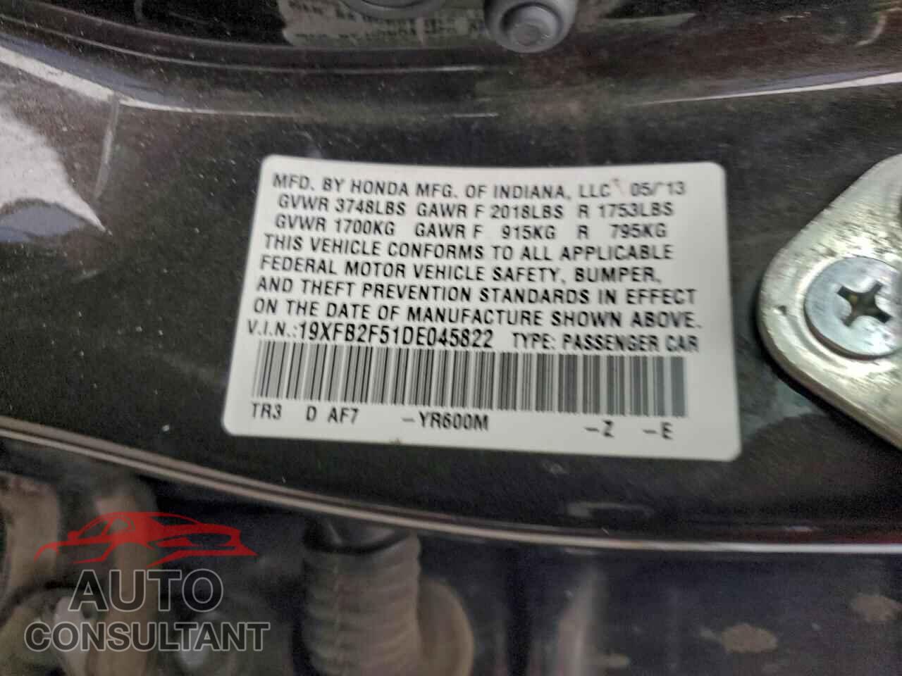 HONDA CIVIC 2013 - 19XFB2F51DE045822