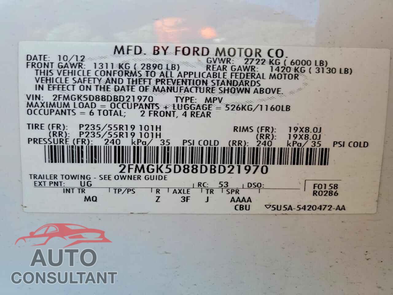 FORD FLEX 2013 - 2FMGK5D88DBD21970