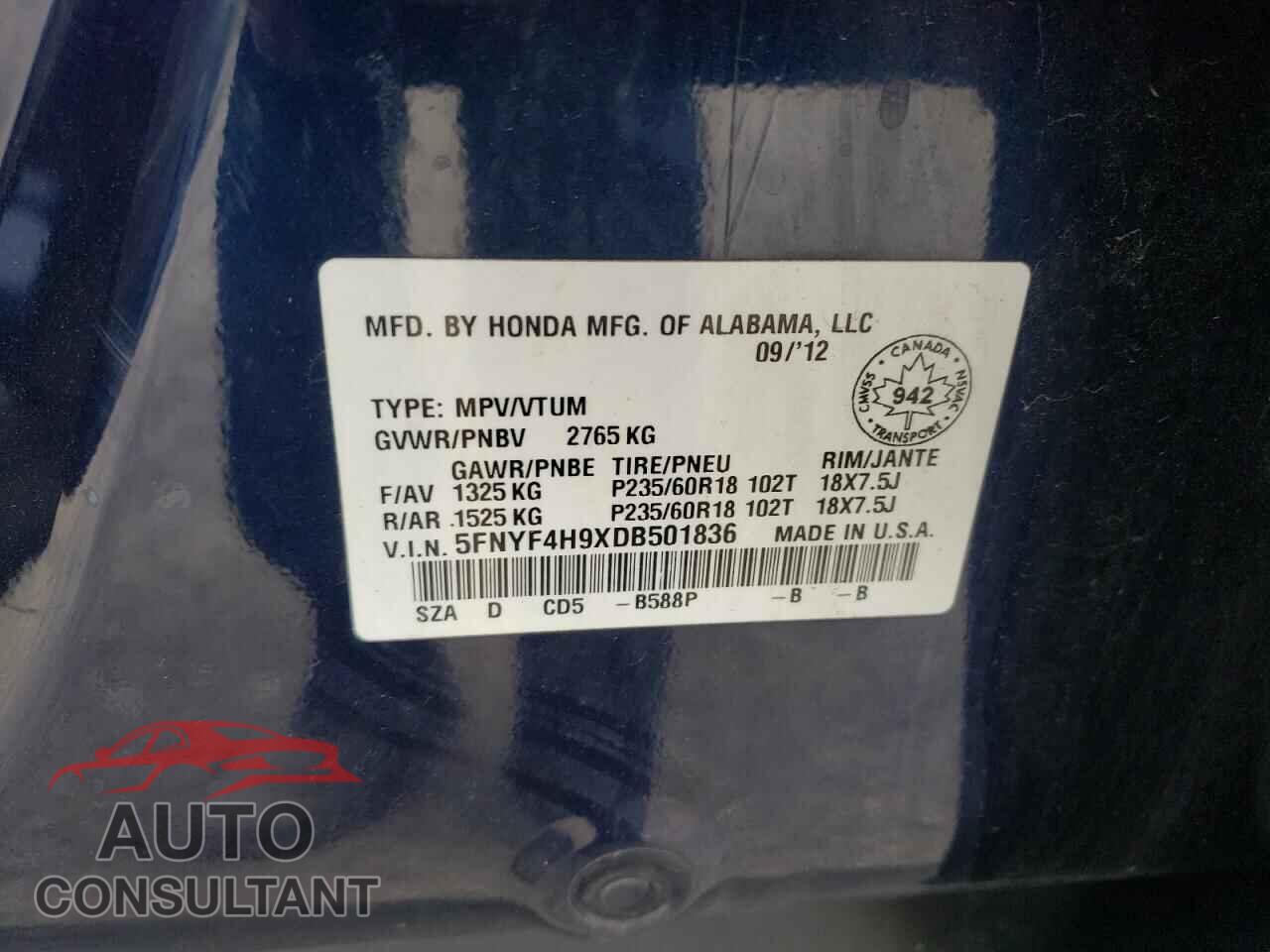 HONDA PILOT 2013 - 5FNYF4H9XDB501836