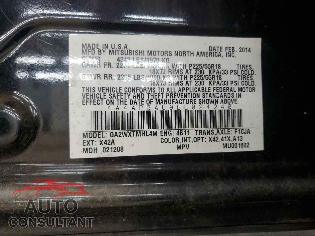 MITSUBISHI OUTLANDER 2014 - 4A4AP3AU9EE024240