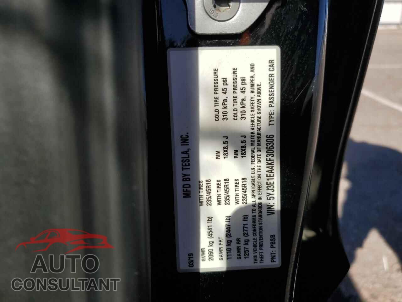 TESLA MODEL 3 2019 - 5YJ3E1EA4KF306306