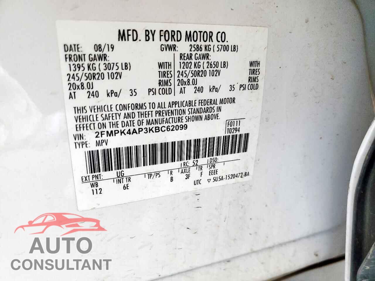 FORD EDGE 2019 - 2FMPK4AP3KBC62099