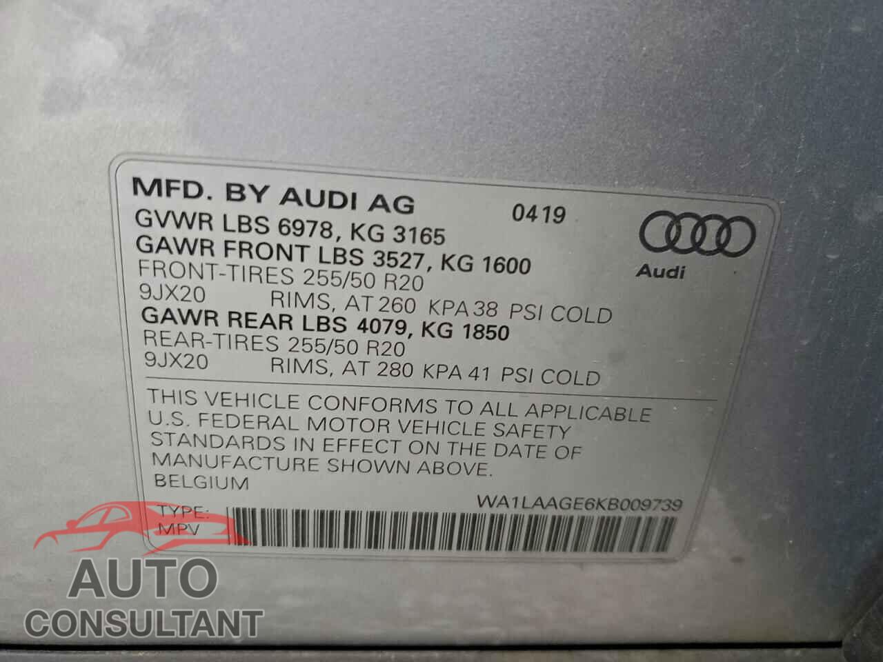 AUDI E-TRON 2019 - WA1LAAGE6KB009739