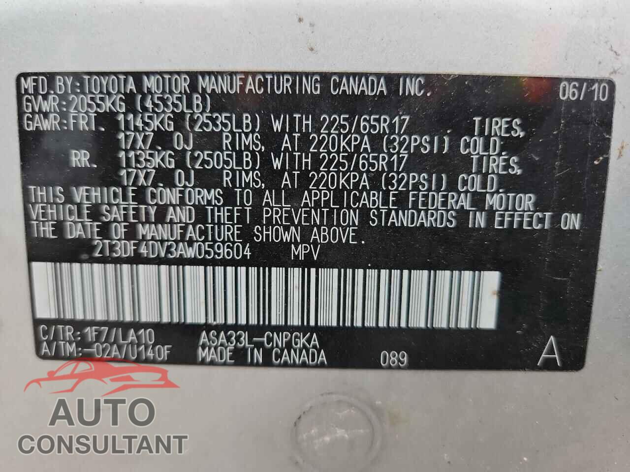 TOYOTA RAV4 2010 - 2T3DF4DV3AW059604